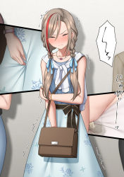 Rule 34 | 1girl, bag, bare shoulders, black ribbon, blue ribbon, blue shirt, blue skirt, blush, bracelet, braid, breasts, brown hair, close-up, closed eyes, closed mouth, collarbone, embarrassed, female focus, floral print, hair between eyes, hair ribbon, have to pee, highres, holding own arm, japanese text, jewelry, kurusu natsume, kurusu natsume (1st costume), long hair, maanii, multicolored hair, multiple views, necklace, nijisanji, nose blush, panties, partially visible vulva, pee, peeing, peeing self, red hair, ribbed shirt, ribbon, sash, shirt, shirt tucked in, shoulder bag, skirt, sleeveless, sleeveless shirt, small breasts, solo focus, speech bubble, split mouth, standing, streaked hair, sweat, sweater, sweater around neck, tears, translation request, trembling, twin braids, two-tone hair, underwear, virtual youtuber, watch, wet, wet clothes, wet panties, white panties, white sweater, wristwatch
