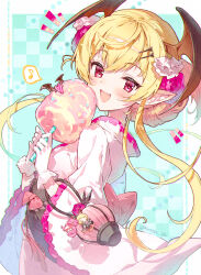 Rule 34 | 1girl, alternate costume, blonde hair, blush, border, commentary, cotton candy, fangs, food, gloves, granblue fantasy, green background, hair bun, hair up, head wings, highres, holding, holding food, japanese clothes, kimono, lantern, long hair, looking at viewer, musical note, official alternate costume, open mouth, pink kimono, plaid, plaid background, pointy ears, red eyes, solo, soriya, spoken musical note, twintails, twitter username, upper body, vampy, white background, white gloves, wings, yukata