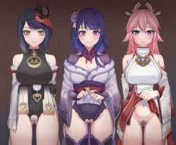 Rule 34 | 3girls, absurdres, bad id, bad pixiv id, bare shoulders, black hair, blush, breasts, bridal gauntlets, cleavage, closed mouth, clothes lift, commentary request, bad tag, detached sleeves, female pubic hair, flower, genshin impact, hair between eyes, hair ornament, highres, hyunjjing, japanese clothes, kimono, kujou sara, large breasts, lifted by self, long hair, long sleeves, looking at viewer, mask, mask on head, miko, mitsudomoe (shape), mole, mole under eye, multiple girls, navel, obi, obiage, obijime, pink hair, pubic hair, purple eyes, purple flower, purple hair, pussy, raiden shogun, ribbon, sash, shiny skin, short hair, simple background, smile, tassel, tengu mask, thighhighs, tomoe (symbol), wide sleeves, yae miko, yellow eyes