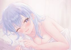 Rule 34 | 1girl, ;d, blue hair, blush, breasts, cleavage, fingernails, gameso, highres, idolmaster, idolmaster shiny colors, indoors, looking at viewer, lying, medium breasts, on side, one eye closed, open mouth, purple eyes, smile, solo, suzuki hana, under covers, upper body