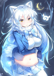 Rule 34 | 1girl, absurdres, animal ears, arctic wolf (kemono friends), blue hair, blush, bow, bowtie, coat, commentary request, cowboy shot, fang, frown, fur collar, gloves, highres, japari symbol, kanzakietc, kemono friends, long hair, long sleeves, midriff, moon, navel, night, pantyhose, plaid, plaid bow, plaid bowtie, plaid neckwear, plaid skirt, pleated skirt, scarf, skirt, sleeve cuffs, solo, tail, white gloves, white hair, wolf ears, wolf tail, yellow eyes