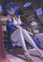 Rule 34 | 1girl, absurdres, bare shoulders, black gloves, black skirt, blue hair, blue hood, book, bracelet, breasts, circlet, claw ring, closed eyes, detached sleeves, drill hair, drill sidelocks, fuwafuwa4560, genshin impact, gloves, hair between eyes, high heels, highres, hood, hood up, jewelry, layla (genshin impact), long hair, long sleeves, low twintails, medium breasts, neck ring, oil lamp, pants, pointy ears, puffy long sleeves, puffy sleeves, sash, sidelocks, sitting, skirt, sleeping, thighlet, tight clothes, tight pants, twintails, very long hair, white pants