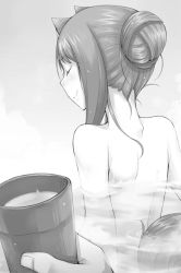 Rule 34 | 1girl, animal ears, ayakura juu, closed eyes, from behind, greyscale, hair bun, holding, holo, long hair, monochrome, novel illustration, nude, official art, onsen, partially submerged, single hair bun, smile, spice and wolf, tail, upper body, wolf ears, wolf tail