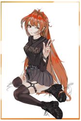 Rule 34 | 1girl, absurdres, alternate costume, bad anatomy, black footwear, black nails, black shirt, boots, bracelet, breasts, commission, contemporary, hair intakes, highres, jewelry, kaiser (kaiserofart), lina inverse, long hair, medium breasts, nail polish, one eye closed, orange hair, red eyes, shirt, sitting, slayers, solo, spiked bracelet, spikes, thigh strap, v, very long hair
