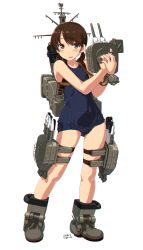 Rule 34 | 1girl, adapted turret, alternate costume, blue one-piece swimsuit, brown eyes, brown hair, cannon, dd (ijigendd), full body, highres, kantai collection, low twintails, one-piece swimsuit, parted bangs, rigging, school swimsuit, shirayuki (kancolle), short twintails, smokestack, solo, standing, swimsuit, torpedo launcher, twintails