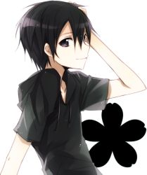 Rule 34 | 10s, 1boy, arm up, black eyes, black hair, black shirt, closed mouth, collarbone, drawstring, from side, hair between eyes, hand on head, hood, hood down, jianmo sl, kirito, looking at viewer, looking to the side, male focus, see-through, shirt, short hair, short sleeves, smile, solo, sword art online, upper body, white background