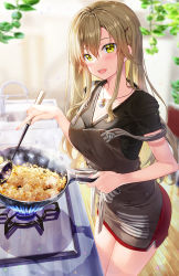 Rule 34 | 1girl, :d, apron, black shirt, blurry, blurry background, blurry foreground, blush, bow, breasts, brown apron, brown hair, cleavage, collarbone, commentary request, cooking, depth of field, frying pan, fujima takuya, green eyes, hair between eyes, hair ornament, hairclip, holding, indoors, long hair, looking at viewer, medium breasts, official art, open mouth, original, red skirt, shirt, short sleeves, skirt, smile, solo, stove, striped, striped bow, very long hair, wooden floor