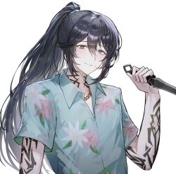 Rule 34 | 1boy, aqua eyes, arm tattoo, black eyes, black hair, blue shirt, blush, bonno sasu, collared shirt, dagger, floral print, heterochromia, high ponytail, highres, holding, holding dagger, holding knife, holding weapon, hong lu (project moon), jewelry, knife, limbus company, long hair, male focus, neck tattoo, necklace, parted lips, project moon, shirt, simple background, smile, solo, tattoo, weapon, white background