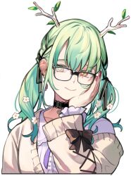 Rule 34 | 1girl, antlers, black-framed eyewear, black bow, black choker, black ribbon, bow, brown cardigan, cardigan, ceres fauna, ceres fauna (jirai kei), choker, commentary, ear piercing, earrings, eus ing, flower, glasses, green hair, hair between eyes, hair bow, hair flower, hair ornament, hair ribbon, hand on own cheek, hand on own face, hololive, hololive english, horns, jewelry, jirai kei, leaf, long hair, looking to the side, mole, mole under eye, multiple hair bows, neck ribbon, official alternate costume, official alternate hairstyle, open cardigan, open clothes, piercing, purple ribbon, red nails, ribbon, shirt, simple background, smile, solo, symbol-only commentary, twintails, upper body, virtual youtuber, white background, white shirt, yellow eyes