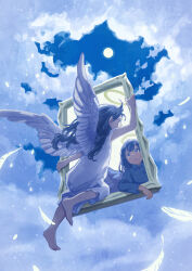 Rule 34 | 2girls, :o, angel, angel wings, arm rest, arm support, arm up, backlighting, bare arms, barefoot, black hair, blue eyes, blue pajamas, blue shirt, blue sky, blue theme, blunt bangs, cloud, cloudy sky, collared shirt, covered mouth, dot nose, dress shirt, empty picture frame, eye contact, falling feathers, fantasy, feathered wings, feathers, floating hair, from behind, full body, full moon, hair behind ear, halo, highres, light particles, long hair, long sleeves, looking at another, looking up, monaka (siromona), moon, multiple girls, night, night sky, nightgown, original, outdoors, outstretched arm, pajamas, parted lips, picture frame, profile, scenery, shirt, sky, sleeveless, swept bangs, tareme, through medium, through painting, upper body, wavy hair, white feathers, white nightgown, white wings, wind, wing collar, wings