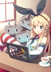 Rule 34 | 10s, 1girl, :3, blonde hair, blue vert, blush, computer, cookie, crossed legs, cup, elbow gloves, food, gloves, kantai collection, laptop, long hair, personification, rensouhou-chan, shimakaze (kancolle), sitting, socks, solo, striped clothes, striped socks, striped thighhighs, teacup, thighhighs, white gloves