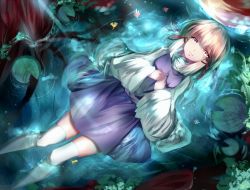 Rule 34 | 1girl, afloat, blonde hair, dress, floating, from above, hands on own chest, hat, unworn headwear, hizagawa rau, leaf, lily pad, moriya suwako, partially submerged, pink eyes, smile, solo, thighhighs, touhou, tree, water, white thighhighs