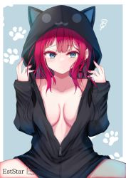 Rule 34 | 1girl, animal ears, animal hood, aties20, black jacket, blue eyes, breasts, cat ears, cat hood, closed mouth, collarbone, commentary request, drawstring, baobhan sith (fate), fake animal ears, fate/grand order, fate (series), grey background, hood, hood up, hooded jacket, jacket, long hair, long sleeves, looking at viewer, medium breasts, nail polish, naked jacket, open clothes, open jacket, purple nails, red hair, sitting, sleeves past wrists, solo, squiggle