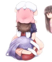 Rule 34 | 4girls, ahoge, animal ears, ass, bloomers, blue dress, blunt bangs, brown hair, commentary request, covered face, dress, finger to mouth, grabbing, group hug, head hug, houraisan kaguya, hug, inaba tewi, lap pillow, long hair, looking at another, lying, multicolored clothes, multicolored dress, multiple girls, pink shirt, puffy short sleeves, puffy sleeves, purple hair, rabbit ears, rabbit tail, red dress, reisen udongein inaba, seiza, shadow, shirosato, shirt, short hair, short sleeves, simple background, sitting, tail, thighs, touhou, underwear, upside-down, very long hair, white background, white bloomers, yagokoro eirin, | |