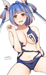 Rule 34 | 1girl, blue hair, blue one-piece swimsuit, breasts, cleavage, commentary request, dated, hair ribbon, hanako (peanut), highres, i-19 (kancolle), kantai collection, large breasts, long hair, name tag, old school swimsuit, one-piece swimsuit, red eyes, ribbon, school swimsuit, simple background, sitting, solo, star-shaped pupils, star (symbol), swimsuit, symbol-shaped pupils, torn clothes, torn swimsuit, tri tails, twintails, twitter username, white background