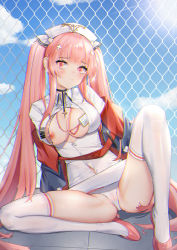 Rule 34 | 1girl, azur lane, breasts, cameltoe, center opening, gloves, hair ornament, half gloves, hat, id card, large breasts, long hair, looking at viewer, lueluelue-lue, nipple slip, nipples, nurse, nurse cap, outdoors, perseus (azur lane), perseus (unfamiliar duties) (azur lane), pink eyes, pink footwear, pink gloves, pink hair, sitting, solo, spread legs, thighhighs, thighs, twintails, very long hair, white hat, white thighhighs