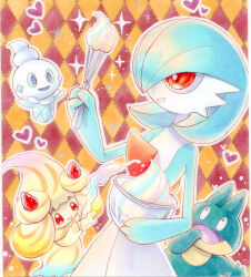 Rule 34 | 1girl, alcremie, alcremie (rainbow swirl), alcremie (strawberry sweet), alternate color, argyle, argyle background, argyle clothes, batter, blue eyes, blue hair, blue sclera, blue skin, bob cut, bow, bowl, brown eyes, colored sclera, colored skin, cooking, creatures (company), fangs, female focus, flat chest, food-themed hair ornament, game freak, gardevoir, gen 3 pokemon, gen 4 pokemon, gen 5 pokemon, gen 8 pokemon, hair ornament, hair over one eye, hand to own mouth, hand up, happy, heart, holding, holding bowl, holding whisk, looking up, mixing bowl, multicolored background, multicolored hair, multicolored skin, munchlax, nintendo, one eye covered, open mouth, orange hair, outline, pokemon, pokemon (creature), red eyes, shiny pokemon, short hair, smile, sparkle, split mouth, standing, strawberry hair ornament, streaked hair, telekinesis, traditional media, two-tone skin, upper body, vanillite, whisk, white outline, white skin, yuka (yukaaaaaaa0705)