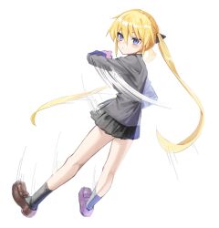 Rule 34 | 1girl, black skirt, black socks, blonde hair, blue eyes, blush, brown footwear, closed mouth, full body, grey jacket, highres, jacket, kill me baby, loafers, long hair, long sleeves, looking at viewer, looking to the side, miniskirt, shoes, simple background, skirt, socks, solo, sonya (kill me baby), speed lines, tosankaku, twintails, very long hair, white background