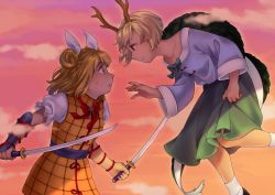 Rule 34 | 2girls, antlers, arm up, armor, armored dress, arms up, bad id, bad pixiv id, blonde hair, blue shirt, cloud, collarbone, commentary request, cowboy shot, double bun, dragon horns, dragon tail, dual wielding, eye contact, feet out of frame, fingernails, floating, from side, gradient sky, green skirt, hair bun, hair ribbon, haniwa (statue), holding, holding sword, holding weapon, horns, joutouguu mayumi, kicchou yachie, long sleeves, looking at another, multiple girls, nekolina, outdoors, parted lips, puffy short sleeves, puffy sleeves, red eyes, red neckwear, red ribbon, ribbon, sharp fingernails, shell, shirt, short hair, short sleeves, skirt, skirt hold, sky, smile, socks, standing, sweatdrop, sword, tail, touhou, twilight, vambraces, weapon, white legwear, white shirt, yellow eyes