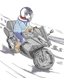 Rule 34 | 1girl, blue pants, boots, closed mouth, coat, commentary request, driving, gloves, helmet, ishii hisao, jitome, motor vehicle, motorcycle, motorcycle helmet, pants, shima rin, sitting, sketch, solo, yurucamp