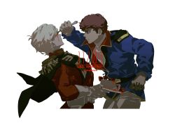 Rule 34 | 2boys, amuro ray, arched back, blonde hair, blood, bomber jacket, brown hair, cake, cape, char&#039;s counterattack, char aznable, character name, curly hair, dated, epaulettes, food, fork, gloves, gundam, jacket, mobile suit gundam, multiple boys, n0m0r3n3v3r, plate, simple background, stab, time paradox, twitter username, white background