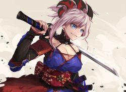 Rule 34 | 1girl, arm up, belt, blue eyes, braid, breasts, fate/grand order, fate (series), hair ornament, hairband, herigaru (fvgyvr000), holding, holding sword, holding weapon, japanese clothes, katana, kimono, large breasts, long hair, miyamoto musashi (fate), miyamoto musashi (second ascension) (fate), pink hair, simple background, smile, solo, sword, upper body, weapon, white background