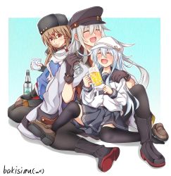 Rule 34 | 1girl, alcohol, beer, beer mug, black bow, black gloves, black hat, black pantyhose, black sailor collar, black skirt, black thighhighs, blue shawl, bottle, bow, brown eyes, brown hair, closed eyes, commentary request, cup, fingerless gloves, flat cap, fur hat, gangut (kancolle), gangut dva (kancolle), gloves, grey hair, hair bow, hammer and sickle, hat, hibiki (kancolle), highres, holding, holding cup, jacket, jacket on shoulders, kantai collection, koutetunamekuji, long hair, low twintails, military jacket, mug, pantyhose, papakha, peaked cap, sailor collar, sailor shirt, scarf, shawl, shirt, sitting, skirt, solo, tashkent (kancolle), thighhighs, torn clothes, torn scarf, twintails, verniy (kancolle), vodka, white hair, white hat, white jacket, white scarf, white shirt