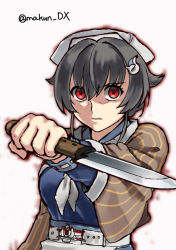 Rule 34 | 1girl, bandana, black hair, brown shawl, hair flaps, hair ornament, hairclip, headgear, holding, holding knife, jingei (kancolle), kantai collection, knife, long hair, looking at viewer, low ponytail, maakun (makun dx), neckerchief, one-hour drawing challenge, red eyes, shawl, simple background, solo, twitter username, upper body, white background, white neckerchief