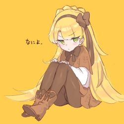 Rule 34 | 1girl, blonde hair, blush, boots, bow, bowtie, braid, brown bow, brown bowtie, brown pantyhose, capelet, crown braid, lobotomy corporation, long hair, looking at viewer, orange capelet, orange footwear, orange skirt, pantyhose, pout, project moon, rinmitsu, shirt, sidelocks, simple background, sitting, skirt, solo, tiphereth a (project moon), very long hair, white shirt, yellow background