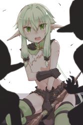 Rule 34 | 10s, 1girl, 2boys, bad id, bad pixiv id, bare shoulders, belt, belt buckle, blood, blush, boots, bow (weapon), buckle, covering privates, covering breasts, dot nose, elf, flat chest, goblin, goblin slayer!, green eyes, green hair, hair between eyes, high elf archer (goblin slayer!), highres, imminent rape, injury, long hair, long pointy ears, looking at viewer, monster, multiple boys, navel, open mouth, pointy ears, scrape, shadow, short shorts, shorts, sidelocks, simple background, sitting, solo focus, spread legs, tears, teeth, thigh boots, thighhighs, thighs, topless, torn clothes, torn shorts, upper teeth only, wariza, weapon, white background, yopan danshaku