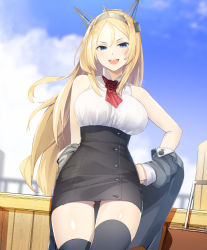 Rule 34 | 1girl, :d, blonde hair, blue eyes, blush, breasts, cowboy shot, day, flower, grey jacket, grey skirt, grey thighhighs, hair between eyes, hairband, hand on own hip, headgear, high-waist skirt, jacket, kantai collection, large breasts, long hair, long sleeves, looking at viewer, luggage, meth (emethmeth), military, military uniform, nelson (kancolle), off shoulder, open mouth, outdoors, panties, parted bangs, pencil skirt, red flower, red panties, red rose, rolling suitcase, rose, shirt, sidelocks, skirt, sleeveless, sleeveless shirt, smile, solo, suitcase, thighhighs, underwear, uniform, white shirt