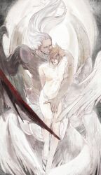 Rule 34 | 2boys, arms behind back, blonde hair, carrying, carrying person, clenched teeth, closed eyes, cloud strife, commentary, completely nude, feathered wings, final fantasy, final fantasy vii, flying, grey hair, hair slicked back, hand on another&#039;s crotch, hashtag-only commentary, highres, knee up, long hair, looking at another, male focus, multiple boys, multiple wings, muscular, muscular male, navel, nipples, nude, parted lips, safer sephiroth, sephiroth, short hair, size difference, smile, spiked hair, teeth, unzboo, white wings, wings, yaoi