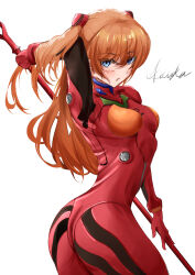 Rule 34 | 1girl, absurdres, artist request, ass, blue eyes, blush, bodysuit, breasts, brown hair, character name, expressionless, feet out of frame, hand in own hair, highres, holding, holding weapon, interface headset, lance of longinus (evangelion), long hair, medium breasts, neon genesis evangelion, plugsuit, polearm, red bodysuit, shiny clothes, simple background, solo, souryuu asuka langley, tsundere, two side up, weapon, white background, wide hips