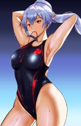 Rule 34 | 1girl, adjusting hair, araimooah, armpits, arms up, black one-piece swimsuit, blush, breasts, commentary request, competition swimsuit, fate/grand order, fate (series), gradient background, hair between eyes, highleg, highleg swimsuit, large breasts, long hair, looking at viewer, mitsudomoe (shape), mouth hold, one-piece swimsuit, ponytail, red eyes, revision, silver hair, solo, standing, swimsuit, tomoe (symbol), tomoe gozen (fate), tying hair, wet
