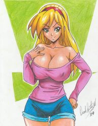 Rule 34 | 1girl, 2019, artist name, blonde hair, breasts, cleavage, closed mouth, cowboy shot, denim, denim shorts, eyeshadow, female focus, green eyes, hair ornament, hand on own chest, hand on own hip, highres, large breasts, long hair, makeup, nina (sanity not included), pink sweater, ravernclouk design, sanity not included, shorts, simple background, solo, standing, sweater, thick thighs, thighs, traditional media