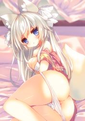 Rule 34 | 1girl, animal ear fluff, animal ears, ass, bad id, bad nicoseiga id, bare shoulders, blue eyes, blush, breasts, cleavage, long hair, looking at viewer, lying, medium breasts, on side, original, p19, panties, panty pull, partially visible vulva, silver hair, solo, tail, underwear, white panties