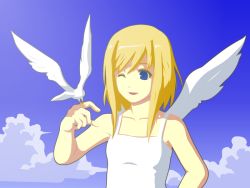 Rule 34 | 1girl, angel, bird, bird on hand, blonde hair, blue eyes, kagi, wings