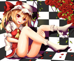 Rule 34 | 1girl, ascot, blonde hair, blush, checkered background, checkered floor, crystal, flandre scarlet, floor, flower, flower on head, hat, hat flower, hat ribbon, open mouth, panties, panties around leg, puffy short sleeves, puffy sleeves, red eyes, red flower, red rose, ribbon, rose, shadow, short hair, short sleeves, side ponytail, skirt, smile, solo, takamichis211, touhou, underwear, vest, white panties, wings