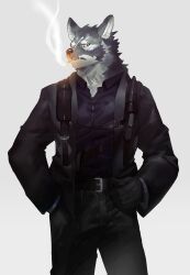 Rule 34 | 1boy, black shirt, black suit, check copyright, cigarette, colored sclera, copyright request, feet out of frame, formal, furry, furry male, gloves, grey fur, highres, looking at viewer, male focus, neumo, original, shirt, short hair, sideways glance, slit pupils, smoking, solo, standing, suit, turning head, wolf boy, yellow sclera