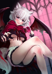 Rule 34 | 1girl, :d, absurdres, animal ears, bare legs, black nails, black shirt, breasts, cape, crop top, crossed legs, cup, demon wings, drinking glass, fang, fox ears, fox girl, fox tail, fur skirt, highres, holding, indie virtual youtuber, looking at viewer, midriff, miniskirt, nail polish, navel, open mouth, pink eyes, sahara1127, shirt, short hair, sitting, skirt, sleeveless, sleeveless shirt, smile, solo, stomach, tail, thighs, torn cape, torn clothes, underboob, virtual youtuber, white hair, wine glass, wings