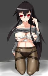 Rule 34 | 1girl, anjou, armored core, armored core 4, black hair, breasts, female focus, from software, full body, kneeling, long hair, panties, pantyhose, red eyes, solo, underwear