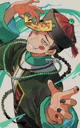 Rule 34 | 1boy, bead necklace, beads, black hair, black nails, blush stickers, braid, chinese clothes, ekubo (mob psycho 100), grin, hat, hat ornament, jewelry, jiangshi, kadeart, male focus, mob psycho 100, necklace, outstretched arms, qingdai guanmao, sanpaku, simple background, smile, solo, talisman, tangzhuang, yoshioka mamoru, zombie pose
