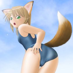 Rule 34 | 1girl, animal ears, blonde hair, blush, eye contact, fox ears, fox tail, green eyes, looking at viewer, oka takeshi, one-piece swimsuit, short hair, solo, swimsuit, tail, thigh gap, thighs