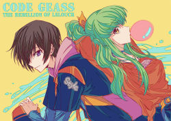 Rule 34 | 1boy, 1girl, absurdres, arms behind back, blouse, brown eyes, brown hair, blowing bubbles, c.c., chewing gum, closed mouth, code geass, copyright name, from side, green hair, highres, layered sleeves, lelouch vi britannia, long hair, long sleeves, okuseric, orange shirt, profile, purple eyes, shirt, short hair, short over long sleeves, short sleeves, smile, very long hair, yellow background