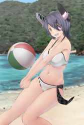 Rule 34 | 10s, 1girl, alternate costume, ball, beach, beachball, bikini, breasts, checkered clothes, checkered necktie, checkered neckwear, cleavage, day, eyepatch, headgear, highres, kantai collection, large breasts, navel, necktie, ocean, open mouth, purple hair, short hair, solo, sweat, swimsuit, tenryuu (kancolle), urigarasu, yellow eyes