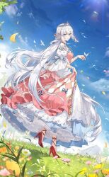 Rule 34 | 1girl, ankle ribbon, argyle, battenberg cake (food fantasy), bird, blue eyes, blue ribbon, braid, bug, butterfly, butterfly on hand, cloud, day, dress, falling petals, floral print, flower, food fantasy, french braid, from side, full body, gown, grass, hair between eyes, hair ornament, hair ribbon, high heels, highres, insect, leg ribbon, long hair, looking at viewer, looking to the side, low twintails, mountain, multicolored clothes, multicolored dress, official art, petals, pink dress, pink flower, pink ribbon, puffy short sleeves, puffy sleeves, red footwear, ribbon, short sleeves, skirt hold, sleeves past elbows, smile, solo, standing, standing on one leg, sunlight, third-party source, tiara, tree, twintails, very long hair, white dress, white flower, white hair, wrist cuffs, yellow flower