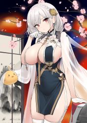 Rule 34 | 1girl, absurdres, azur lane, bird, blush, braid, branch, breast curtains, breasts, cherry blossoms, chick, china dress, chinese clothes, dress, garter straps, gloves, grey dress, half gloves, highres, large breasts, looking at viewer, manjuu (azur lane), neckwear between breasts, pelvic curtain, red eyes, revealing clothes, see-through, short hair, side braid, sideboob, sirius (azur lane), sirius (azure horizons) (azur lane), thighs, urrrt, white gloves, white hair, white legwear