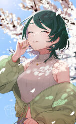 Rule 34 | 1girl, absurdres, blue sky, breasts, closed eyes, commentary request, cropped sweater, dangle earrings, dappled sunlight, earrings, falling petals, flower earrings, four-leaf clover necklace, green hair, green jacket, green nails, hand on own face, happy, highres, indie virtual youtuber, jacket, jewelry, long sleeves, medium breasts, medium hair, mizukuma iro, nail polish, necklace, off shoulder, open clothes, open jacket, outdoors, pearl necklace, petals, puffy long sleeves, puffy sleeves, sky, sleeveless, sleeveless turtleneck, smile, solo, sumi suya, sunlight, swept bangs, turtleneck, virtual youtuber, yellow nails