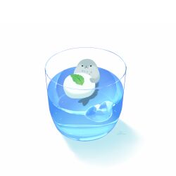 Rule 34 | chai (drawingchisanne), cup, drink, drinking glass, food, food focus, garnish, ice, ice cube, in food, looking at viewer, mint, no humans, original, partially submerged, seal (animal), shadow, signature, simple background, undersized animal, water, white background