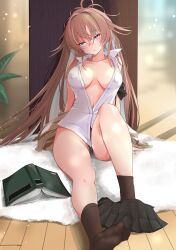 Rule 34 | 1girl, absurdres, arm support, azur lane, bare shoulders, black panties, black skirt, book, breasts, brown hair, brown socks, carpet, collarbone, covered erect nipples, green eyes, hair between eyes, hand rest, highres, impero (azur lane), impero (languid librarian) (azur lane), large breasts, leaf, light blush, long hair, looking at viewer, navel, no bra, no pants, no shoes, official alternate costume, on floor, p.i.t.d, panties, parted lips, partially unbuttoned, pleated skirt, shirt, sitting, skirt, unworn skirt, sleeveless, sleeveless shirt, socks, solo, sweater, underwear, white shirt, wooden floor